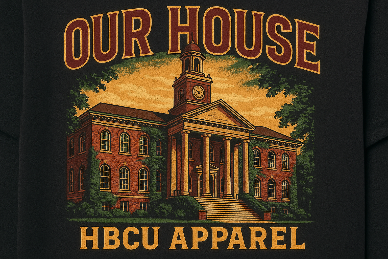 Our House HBCU Apparel with a building in the background